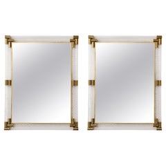Pair of Large Rectangular Clear Murano Glass and Brass Mirrors, Italy, 2022