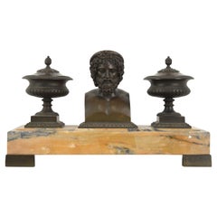19th Century Bronze and Sienna Marble Inkwell with Bust of Hippocrates