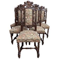 Set 6 Antique French Carved Oak Dining Side Chairs Renaissance Lion Floral