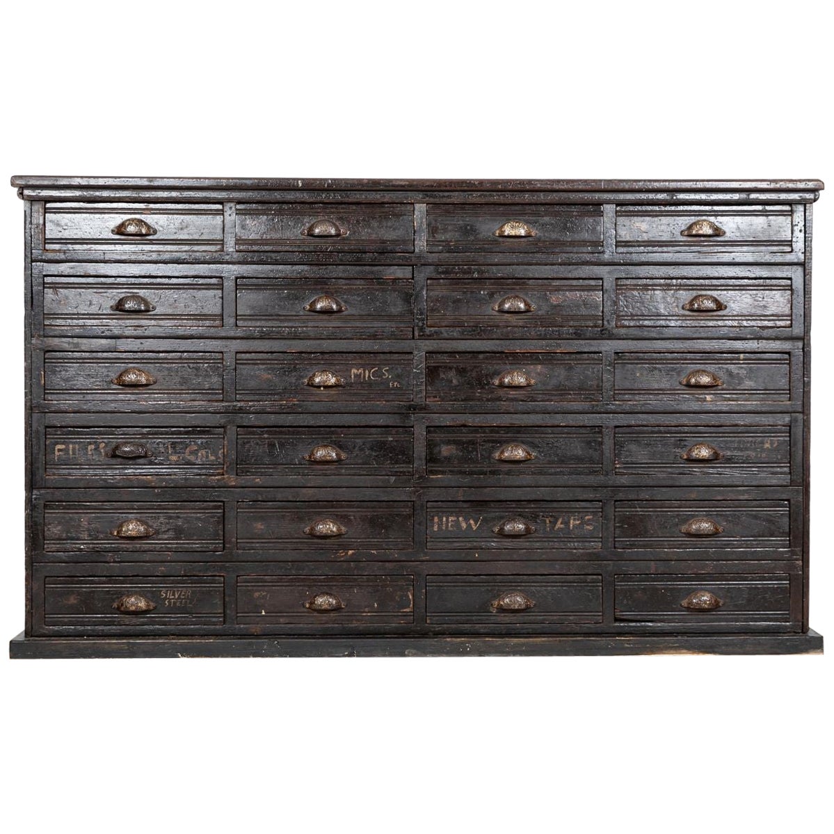 Large 19th C English Engineers Ebonised Bank of Drawers For Sale