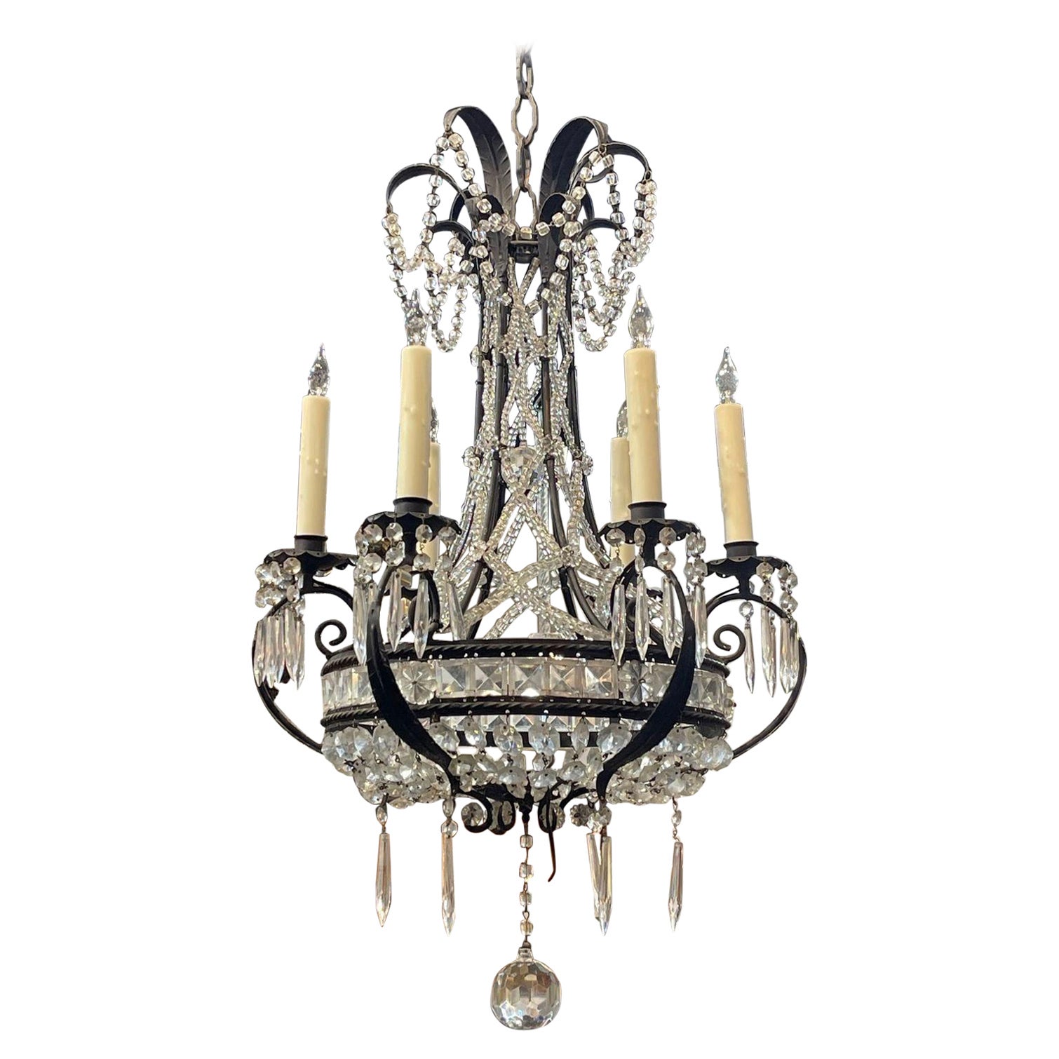 Vintage French Bagues Style Iron and Crystal 6 Light Chandelier For Sale