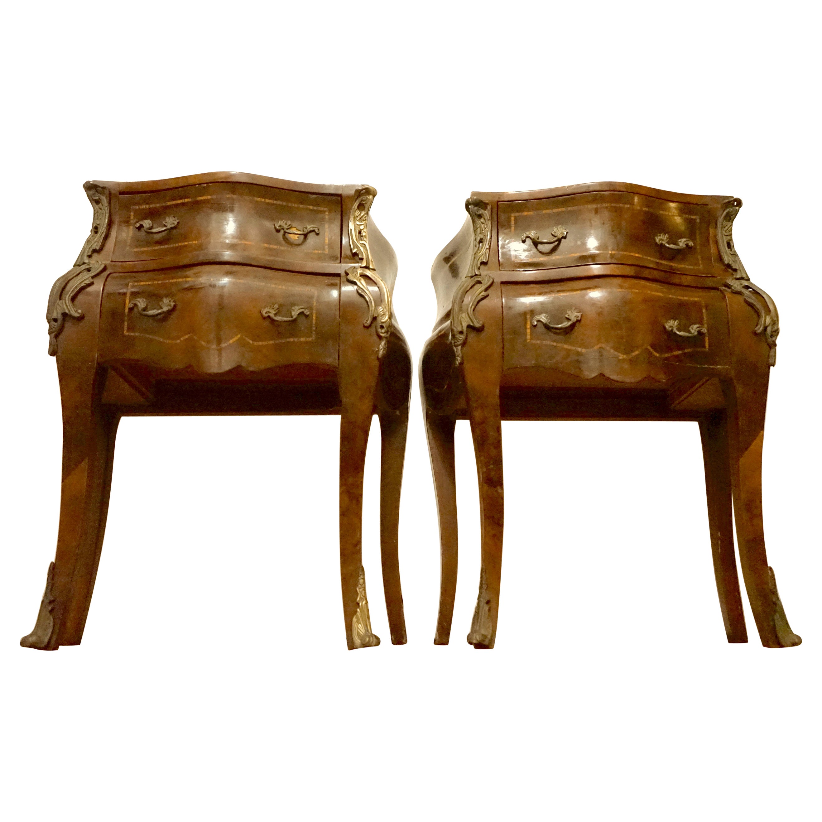 Louis XV Style Vintage Pair of Ormolu Parquetry 1950s Nightstands For Sale