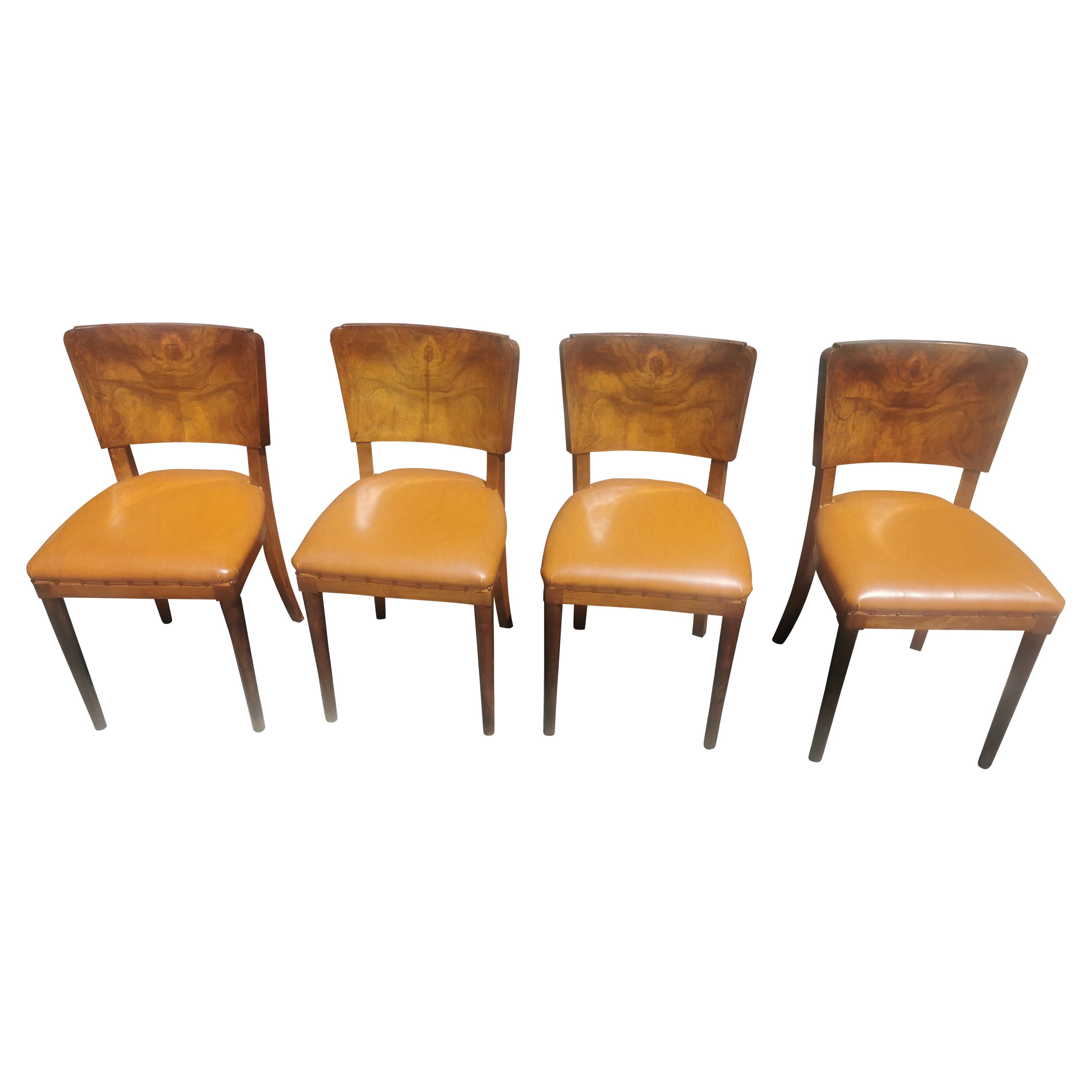 Art Deco Chairs Set 4, Burl Wood circa 1930 Italy