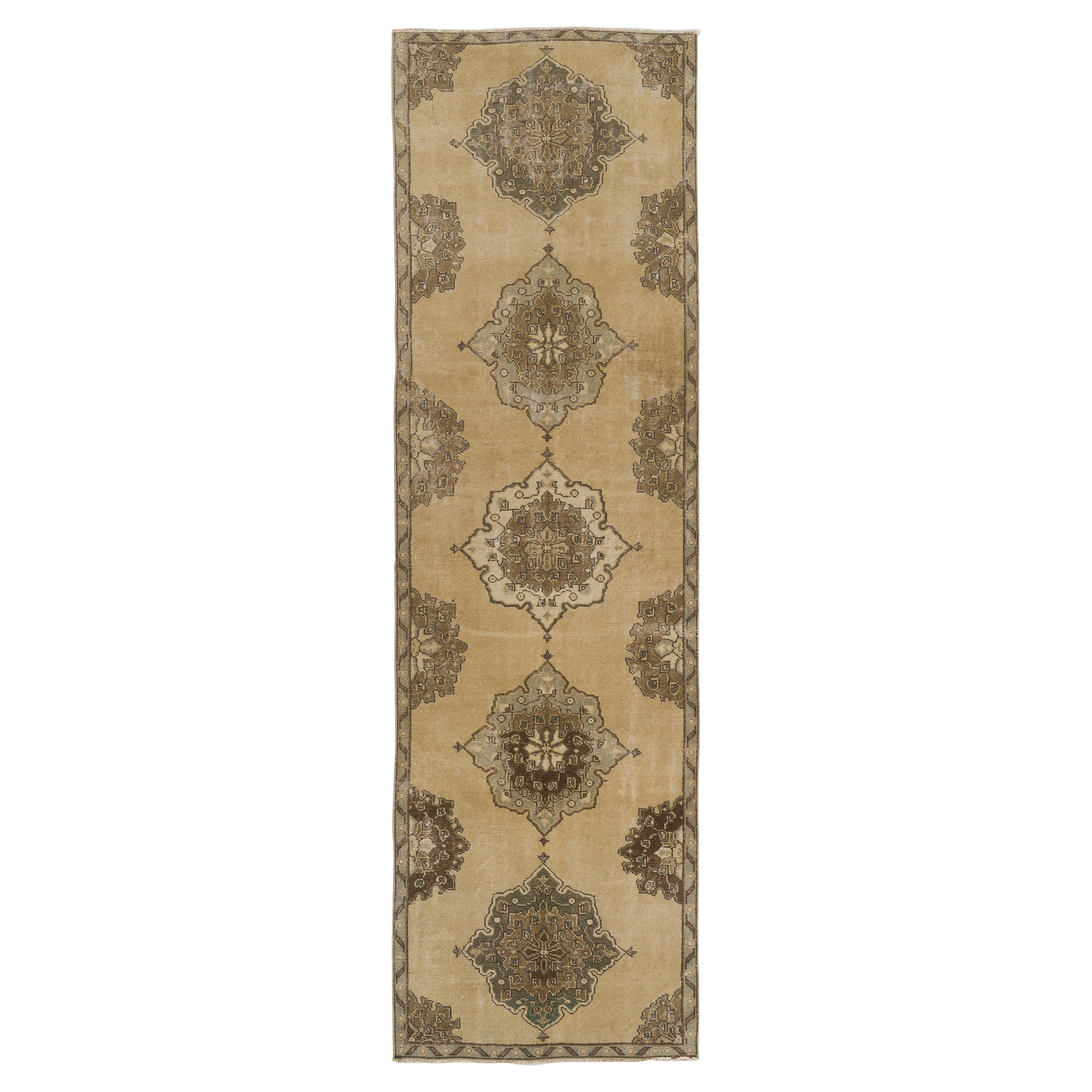 3.8x11.6 ft Anatolian Oushak Runner Rug in Beige, Vintage Handmade Wool Carpet (Tapis de laine vintage fait à la main)