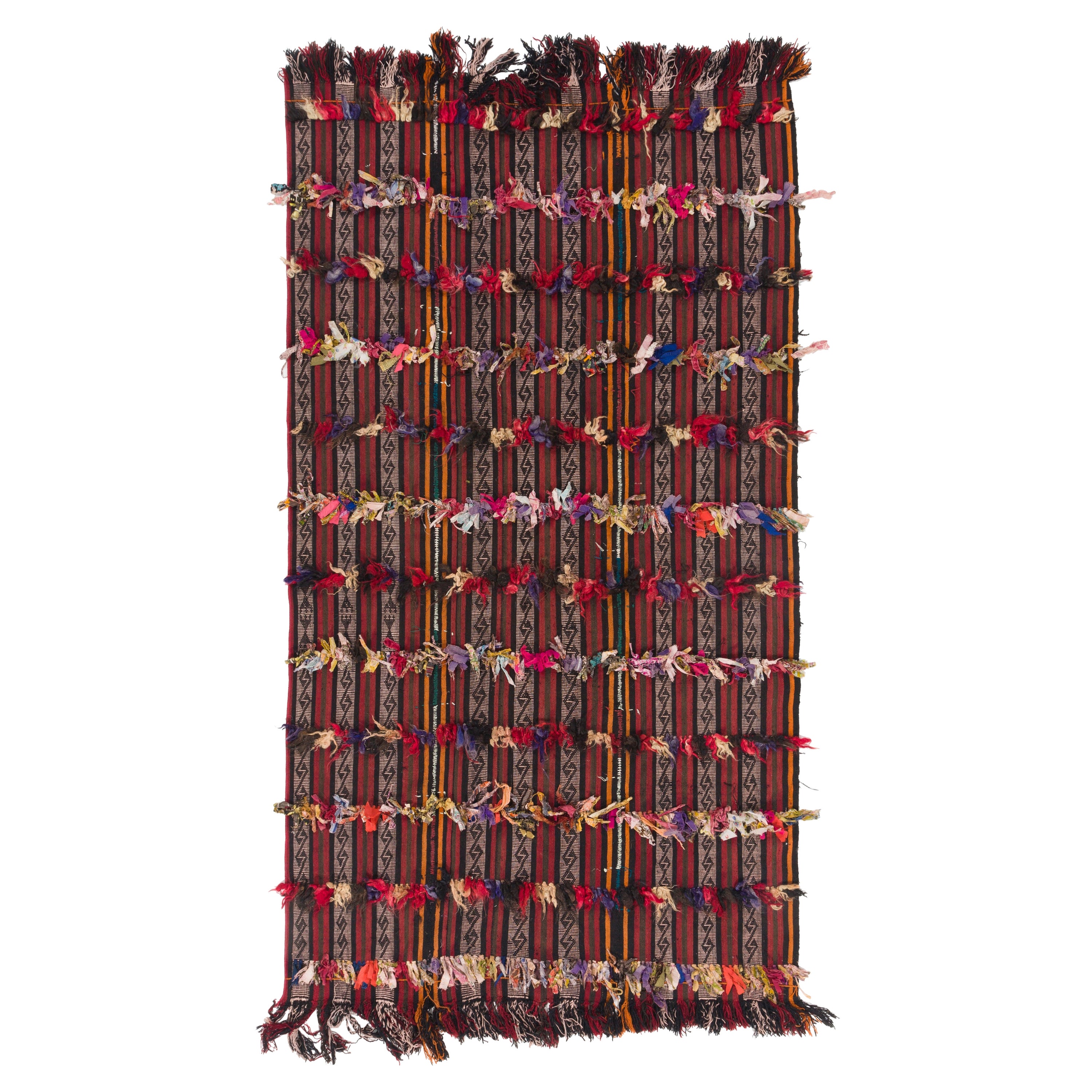 4.7x8.3 ft Turkish Tribal Kilim Rug with Colorful Poms, Wall Hanging, Sofa Throw