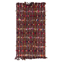 Used 4.7x8.3 ft Turkish Tribal Kilim Rug with Colorful Poms, Wall Hanging, Sofa Throw