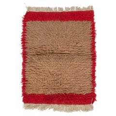 Minimalist Vintage Handmade Tulu Rug in Dark Beige and Red, 100% Wool