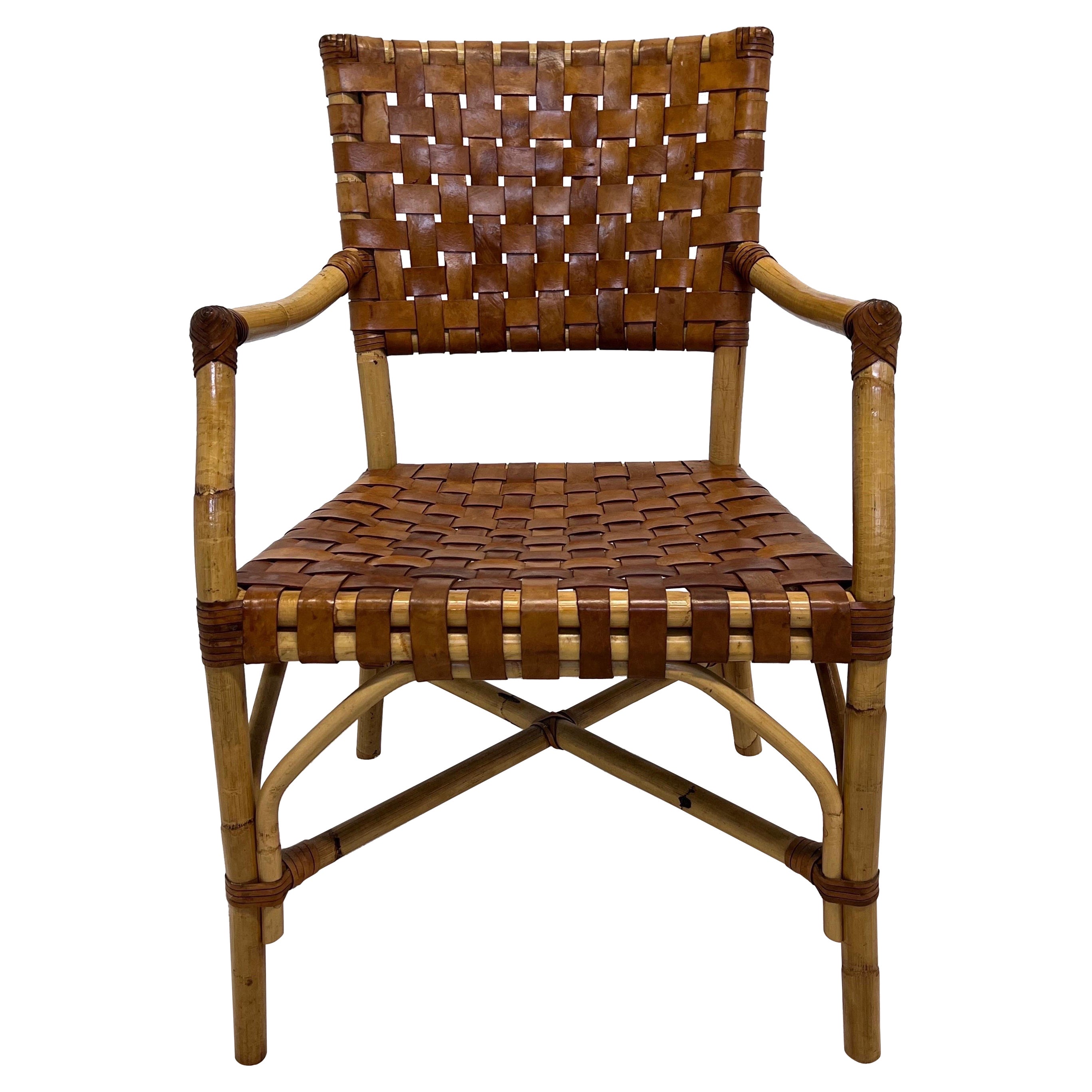 Bamboo and Woven Leather Dining Arm Chair, 1970s