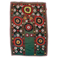 3.5x5 ft Silk Embroidery Wall Hanging in Forest Green , Floral Suzani Tablecloth
