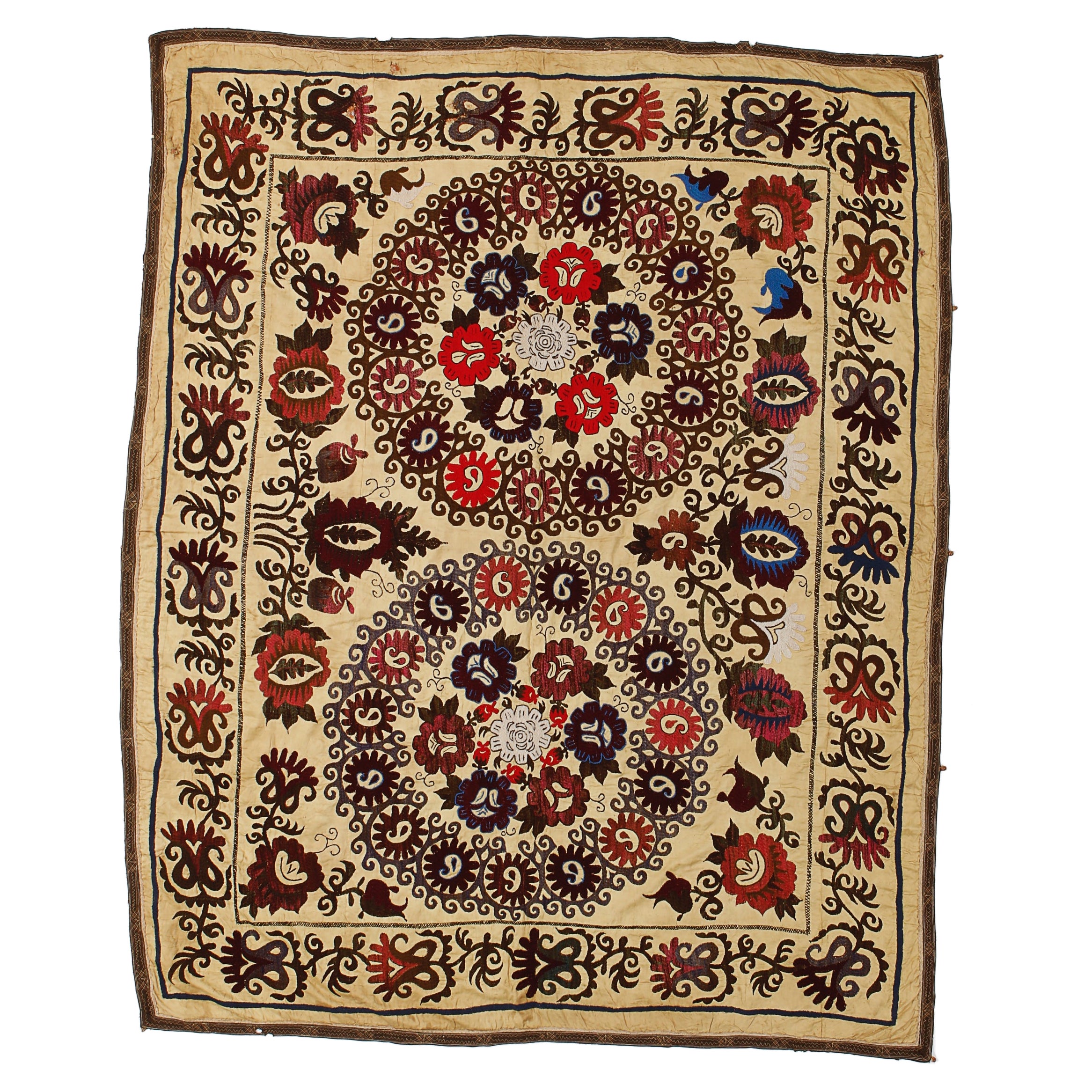 5x6 Ft Embroidered Uzbek "Suzani" Tablecloth, Decorative Silk Wall Hanging