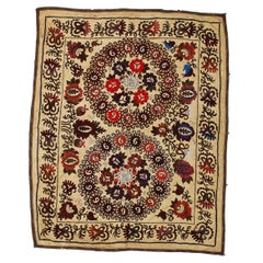 Vintage 5x6 Ft Embroidered Uzbek "Suzani" Tablecloth, Decorative Silk Wall Hanging