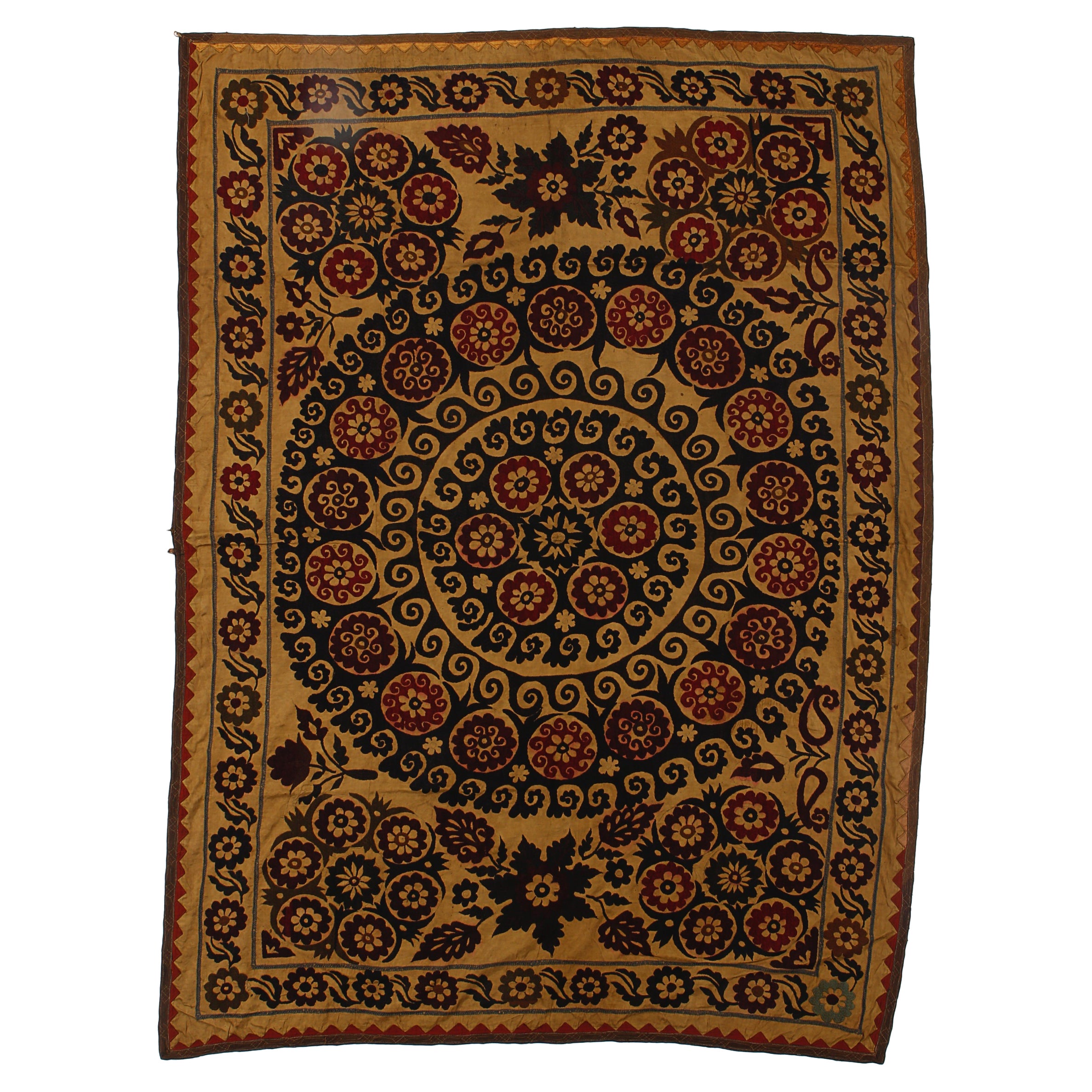 Fine Embroidery "Suzani" Wall Hanging, Uzbek Silk and Cotton Bed Cover 4.5x6 Ft.