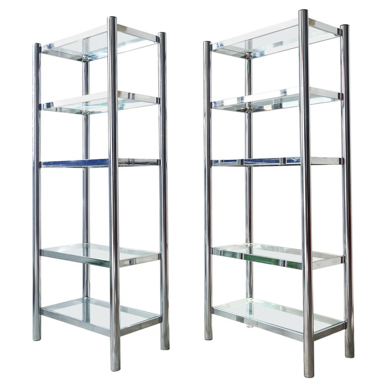 Pair of Polished Chrome and Glass Shelving Unit, 1970s For Sale at 1stDibs