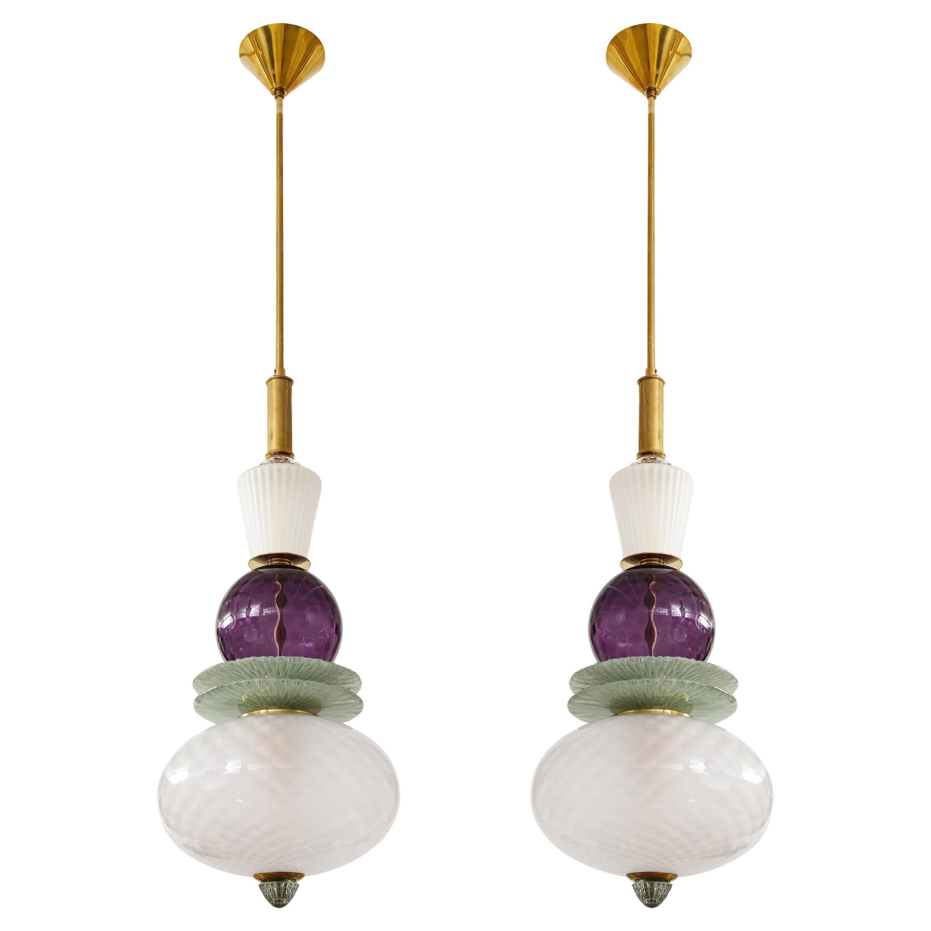 Pair of White, Purple, Sage Green Murano Glass Globes and Brass Pendants, Italy For Sale