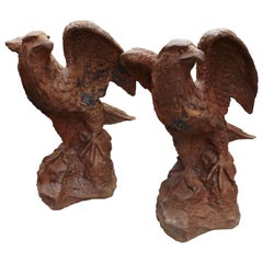Antique 2 Old Weathered Cast Iron Eagle Statues