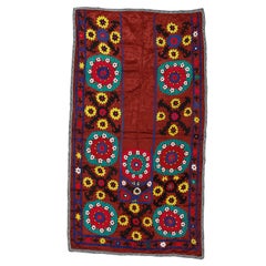 3.3x5.8 ft Handmade Suzani Wall Hanging, Silk Embroidery Tablecloth in Red
