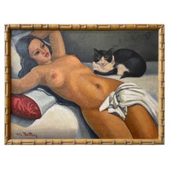 "Nude with Cat", Oil on Canvas by G. J. Matthey, France, Art Deco, circa 1935