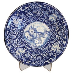 Mid-Century Italian Hand Painted Blue and White Faience Platter Delft Style