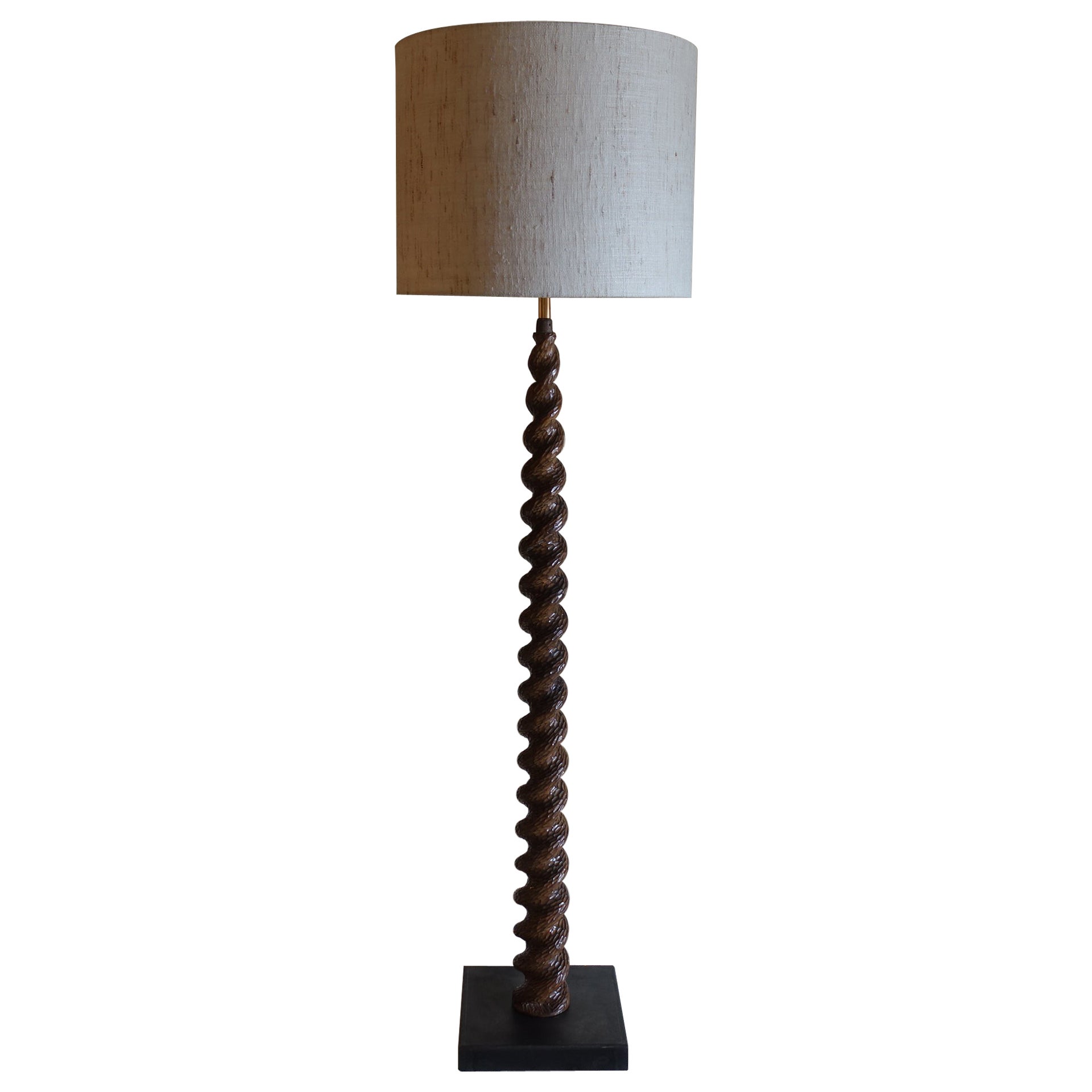 1960's Italian Floor Lamp in Carved Spiral Wood and Steel Base