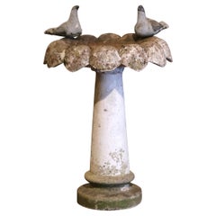 19th Century French Weathered Stone Bird Bath with Dove Birds