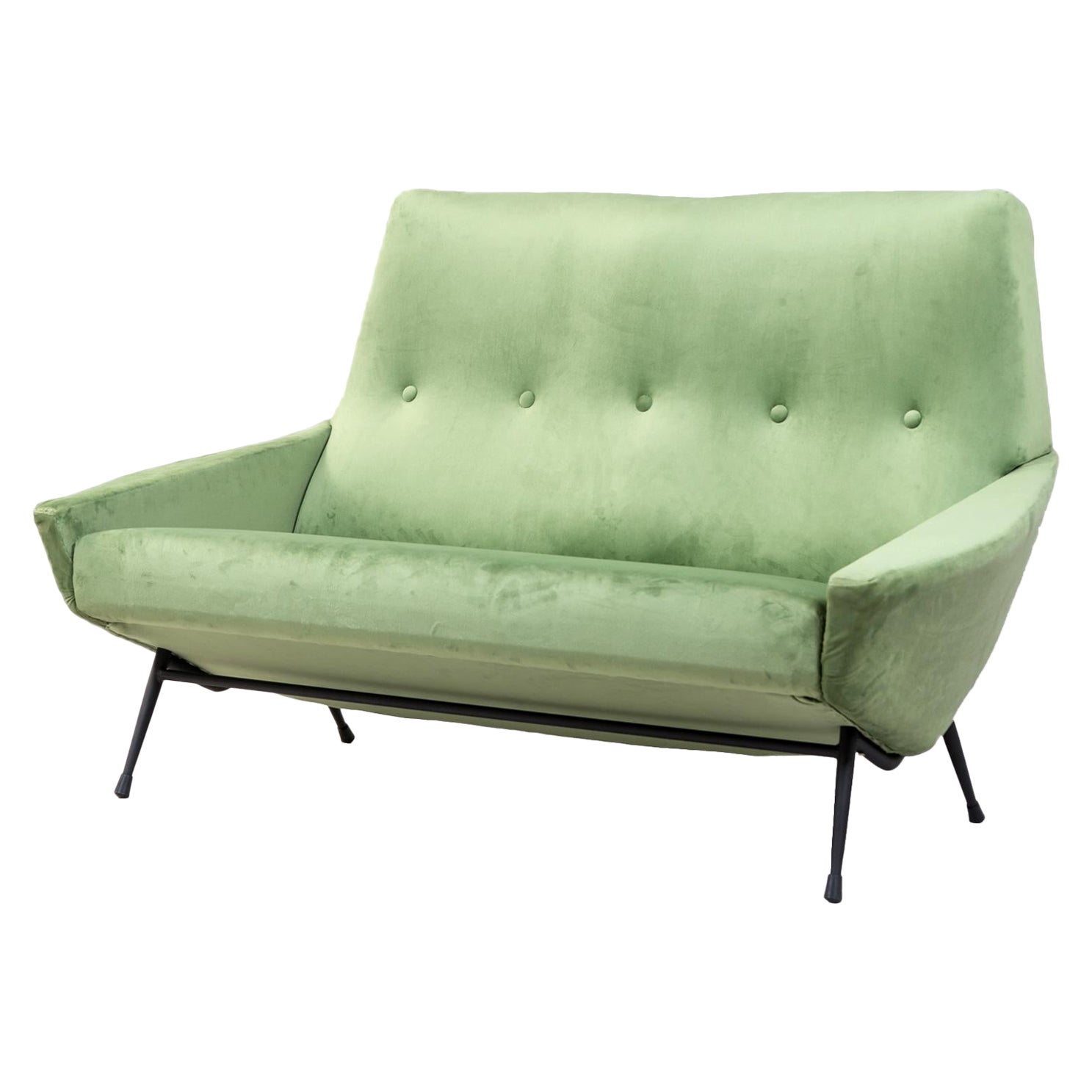 Mid Century Lounge Sofa in Re-Upholstered Green Velvet by Guy Besnard, 1960's