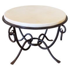 1940's French Round Side Table in Fer Forgè and Parchment Top