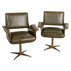 Pair of Vintage 50's Armchairs in Green Leather and Brass Italian Design