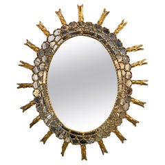 Vieux miroir italien en bois Sunburst