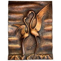 Vintage Copper Embossed Wall Panel Sculpture Representing Two Swans, 1970s