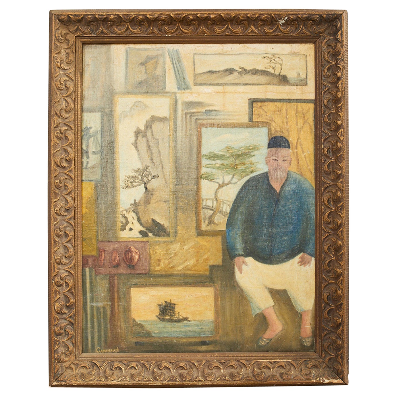 Midcentury Painting of an Asian Artist in His Studio For Sale