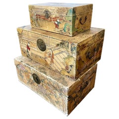 Set of Vintage Chinese Painted Vellum Wedding Boxes