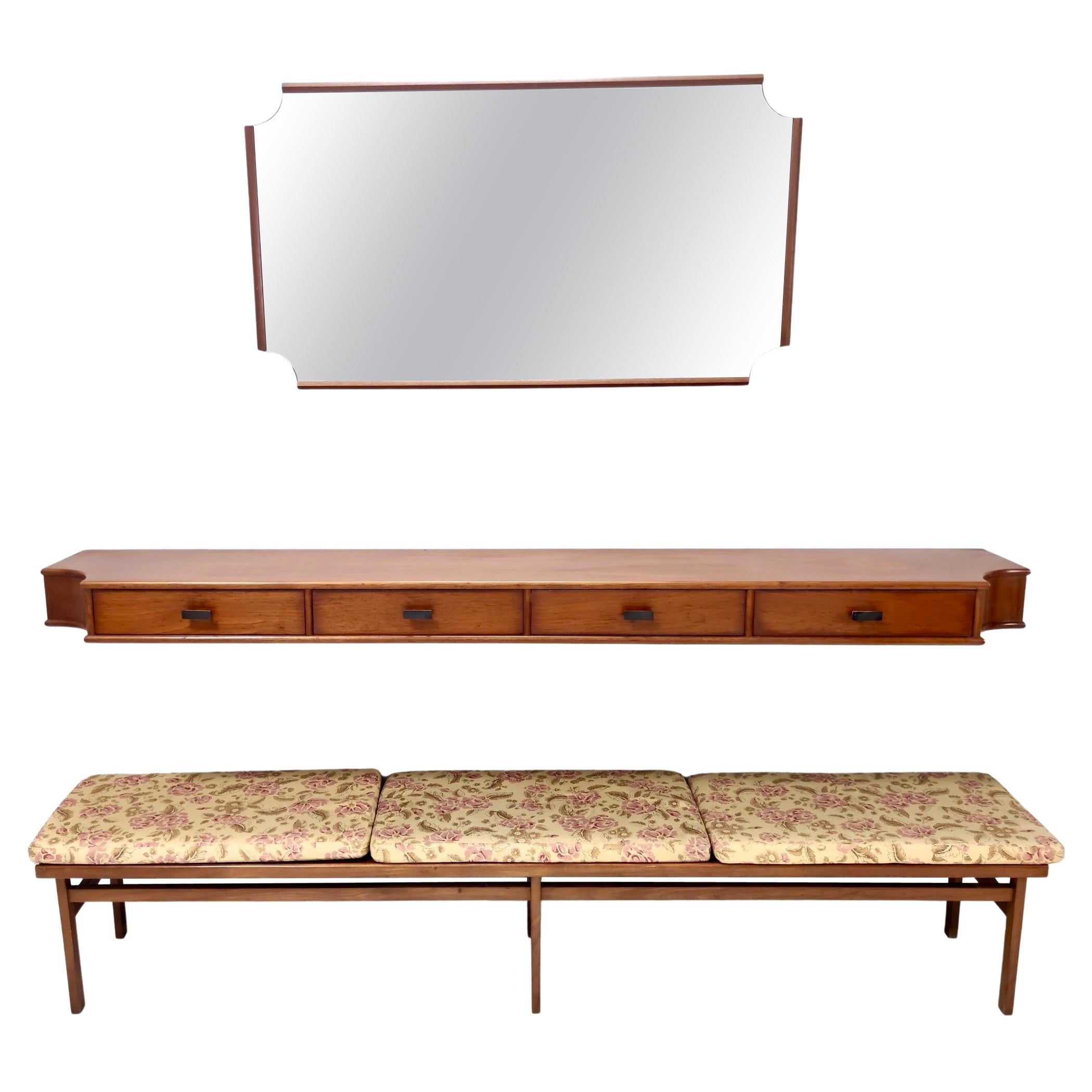 Vintage Entryway Set of Wall Mirror, Walnut Console and Bench by Brugnoli, Italy For Sale