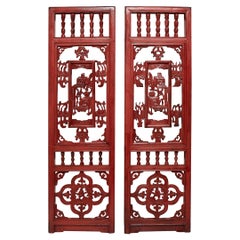 Pair of Chinese Red Lacquer Carved Panels, c. 1900