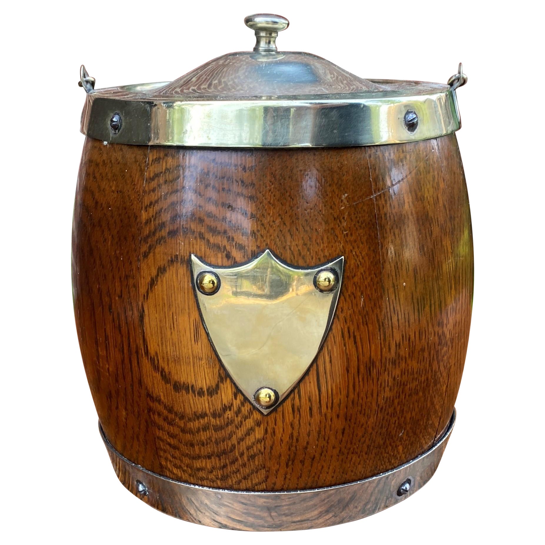 Antique English Oak Biscuit Barrel Tobacco Jar Oak Porcelain Lined Shield #3