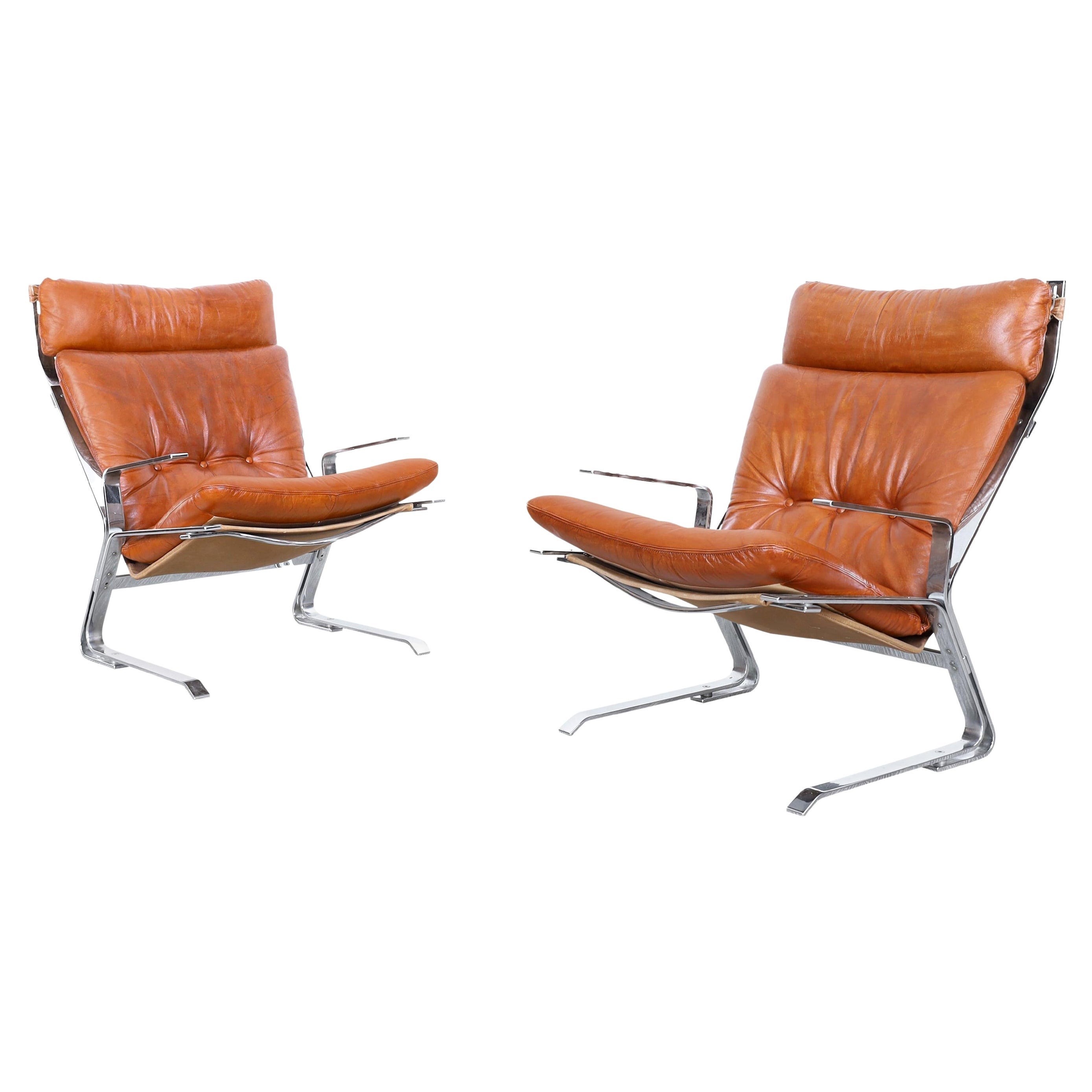Vintage Leather and Chrome "Pirate" Lounge Chairs by Elsa and Nordahl Solheim For Sale