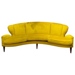 Curved Italian Sofa circa 1950 in Yellow Alcantara Style Fabric 