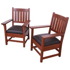 Gustav Stickley Mission Oak Arts & Crafts Lounge Chairs, Fully Restored