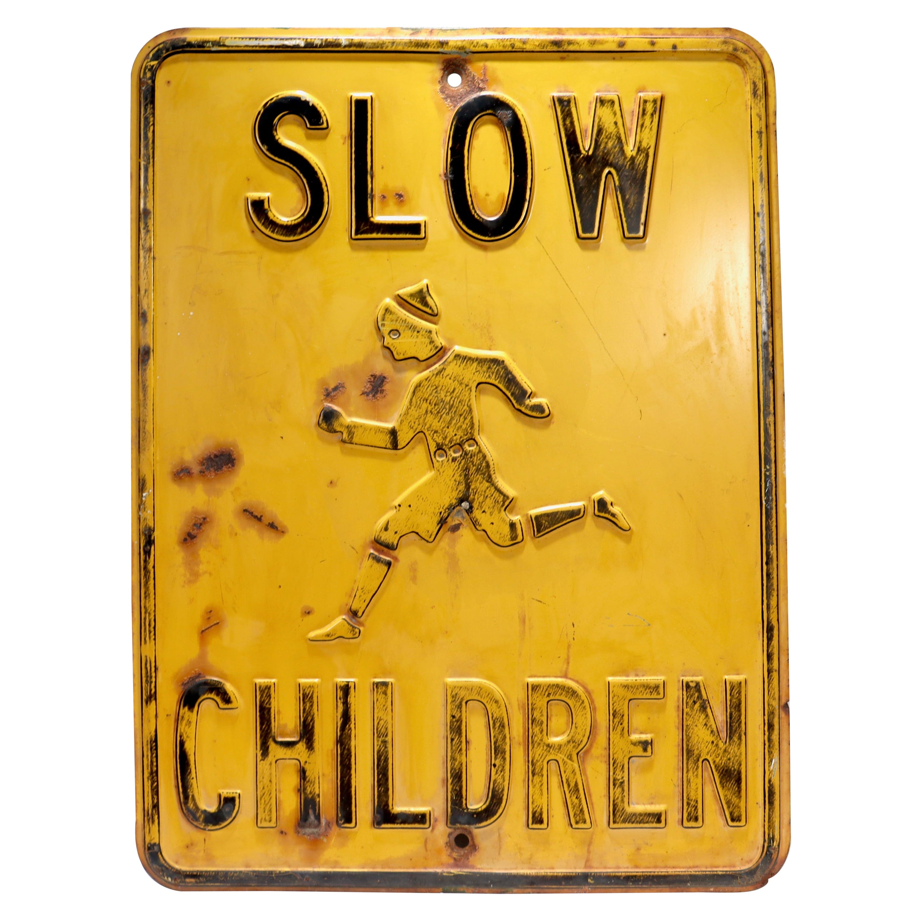 Panneau de circulation ou de rue vintage en acier peint en jaune et noir « Slow Children »