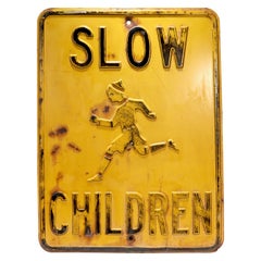 Vintage Yellow & Black Painted Steel 'Slow Children' Traffic or Street Sign
