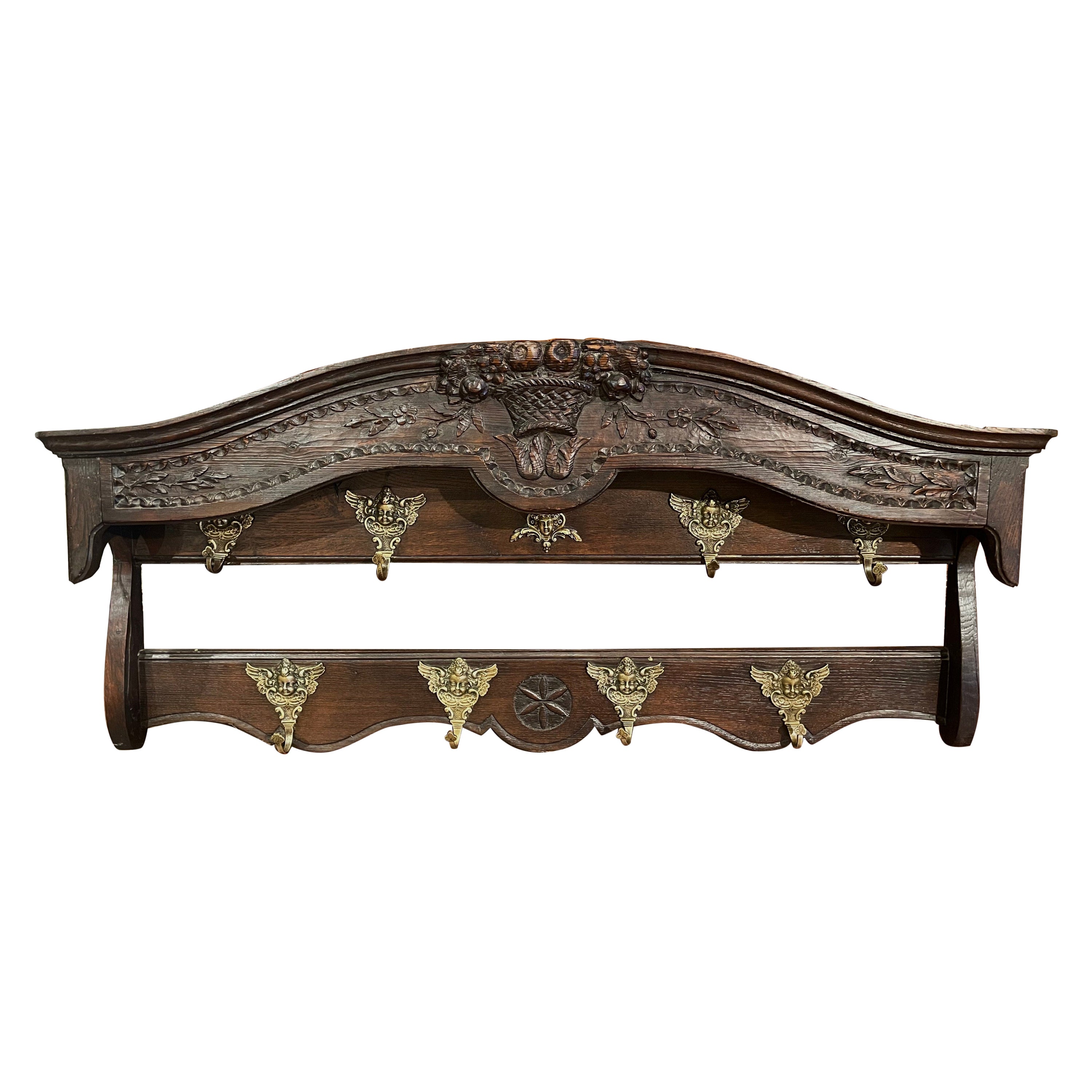 Mid-19th Century French Carved Oak Hanging Shelf with Hooks from Normandy