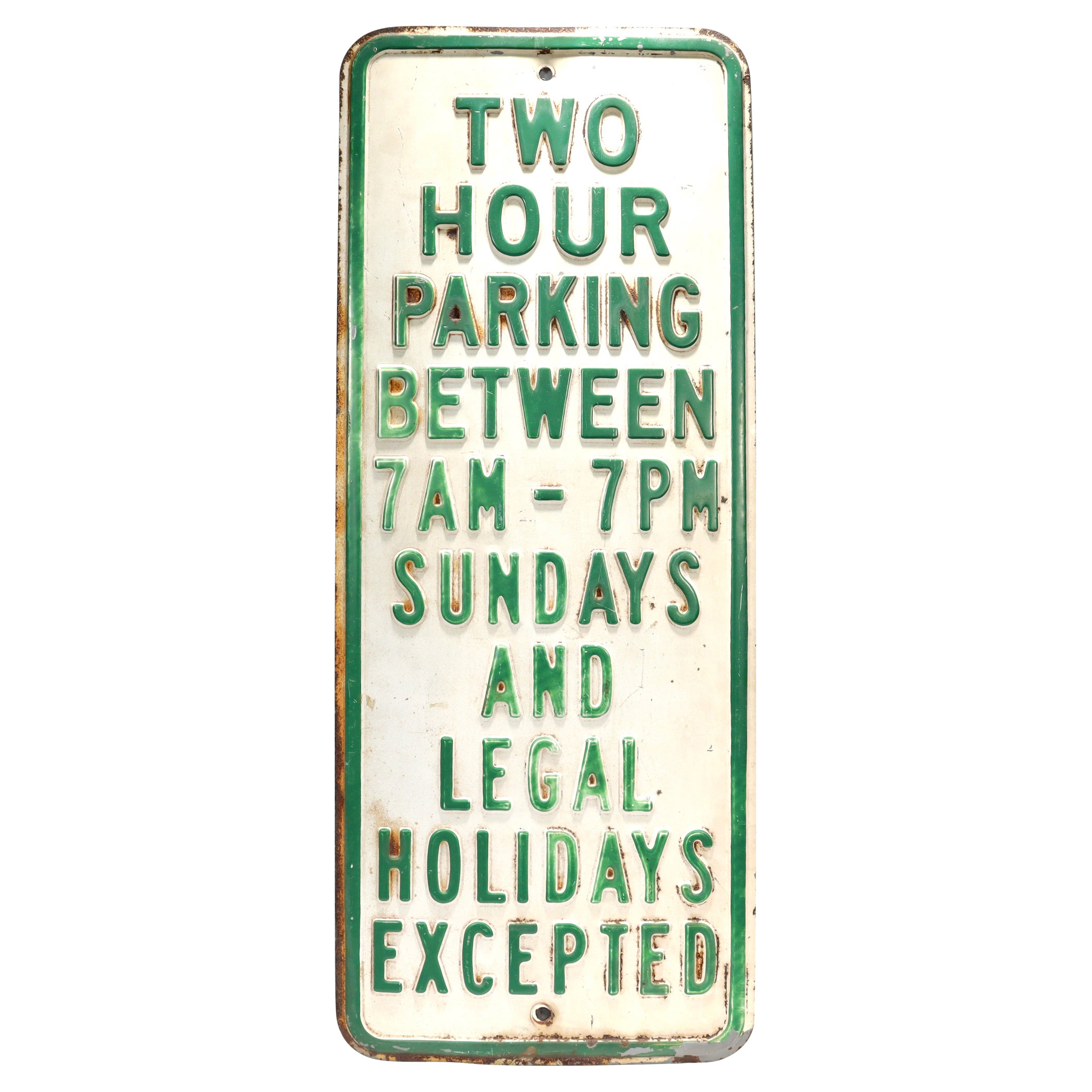 1960s, Green & White Painted Steel 'Two Hour Parking' Street Sign  For Sale