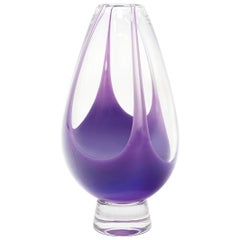 Used Kosta Boda Purple & Clear Art Glass Vase by Vicke Linstrand, Signed & Numbered