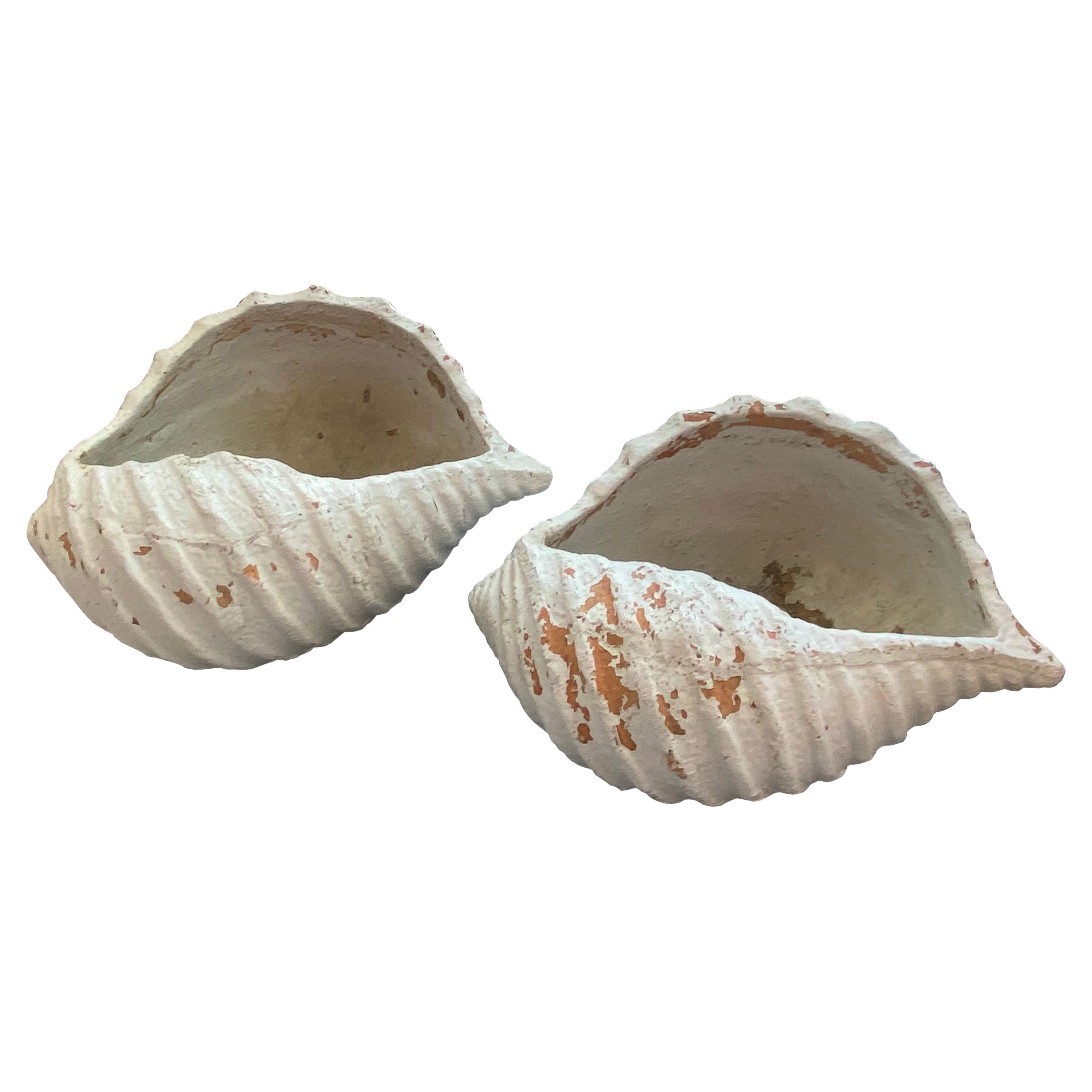 Vintage Pair Chippy Patina French Terracotta Seashell Shell Garden Planters Pots For Sale