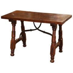 18th Century Spanish Carved Walnut Cocktail Coffee Table with Iron Stretcher
