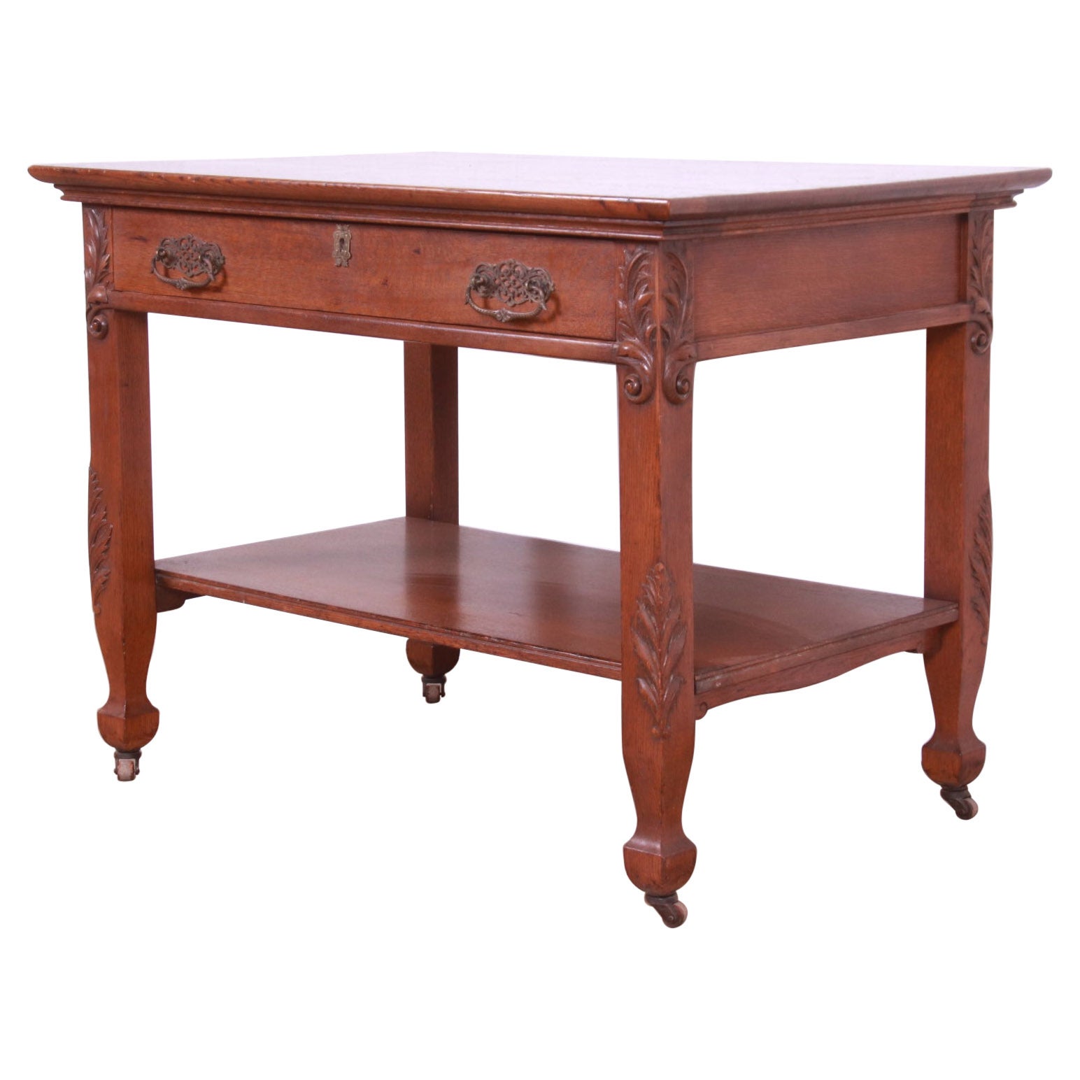 Antique Victorian Carved Oak Writing Desk or Library Table, Circa 1890s