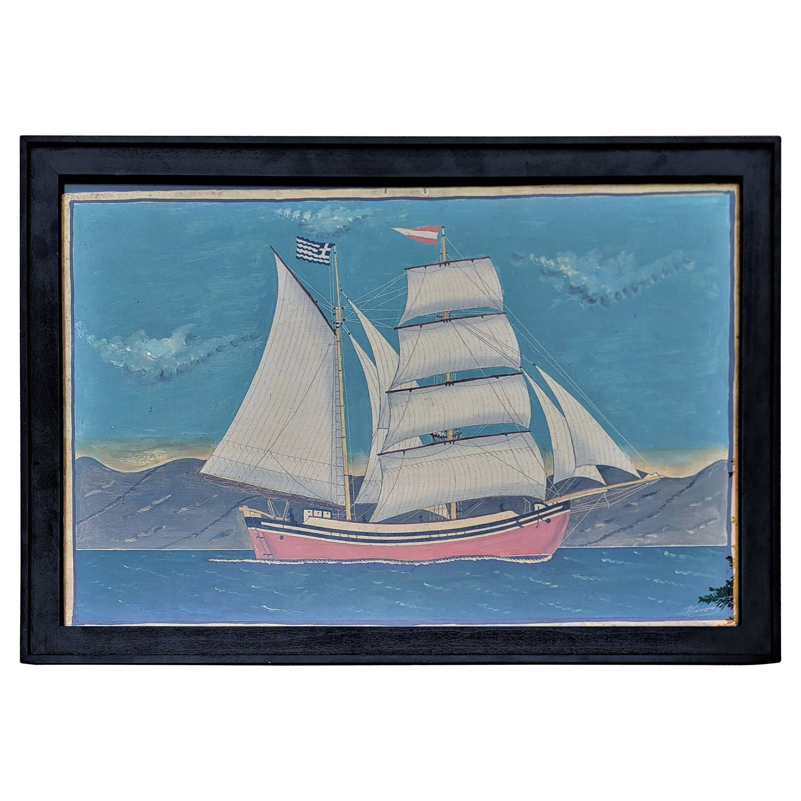 Peinture à l'huile de bateau signée Schooner par J.Koitor en vente