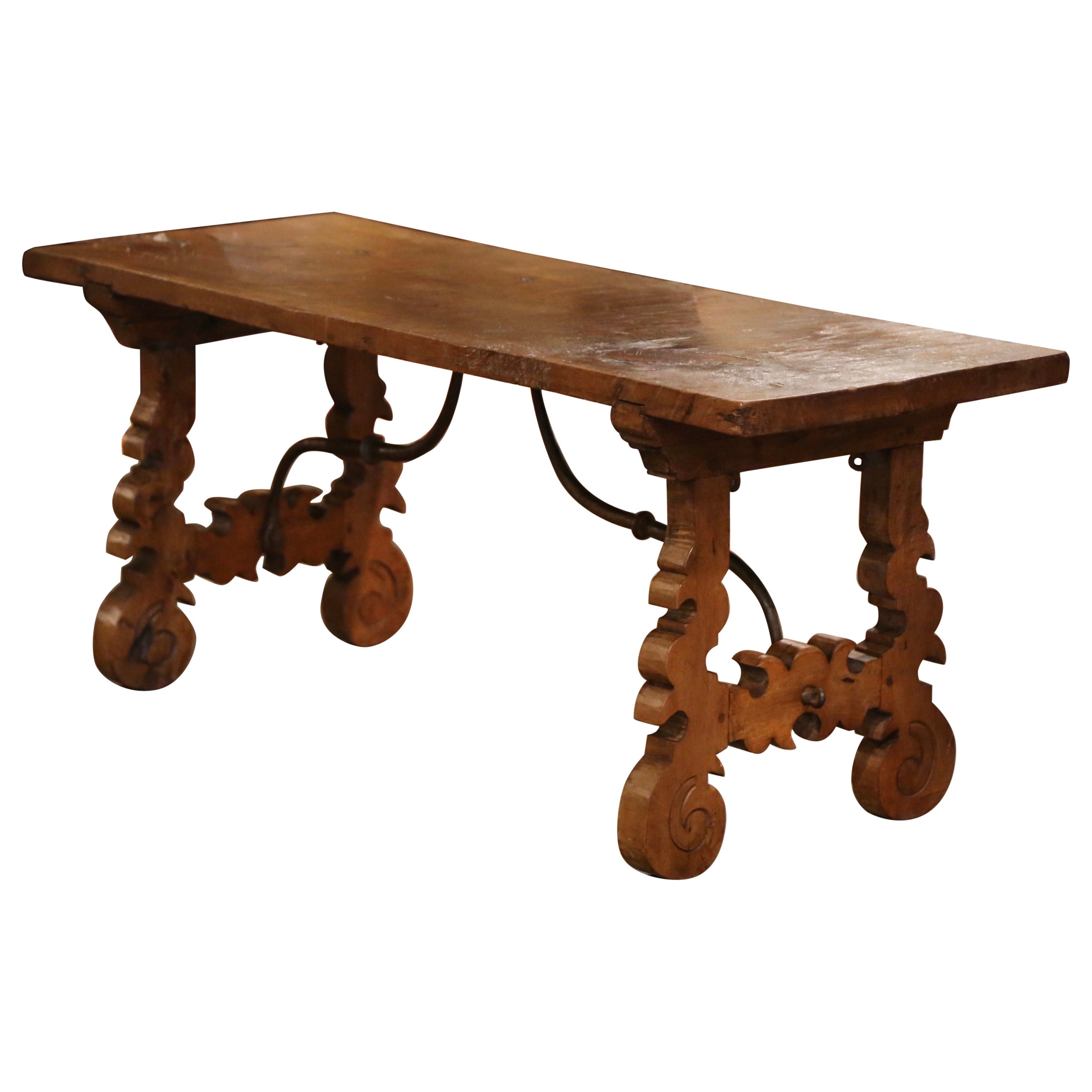 18th Century, Spanish Carved Walnut Coffee Table with Iron Stretcher