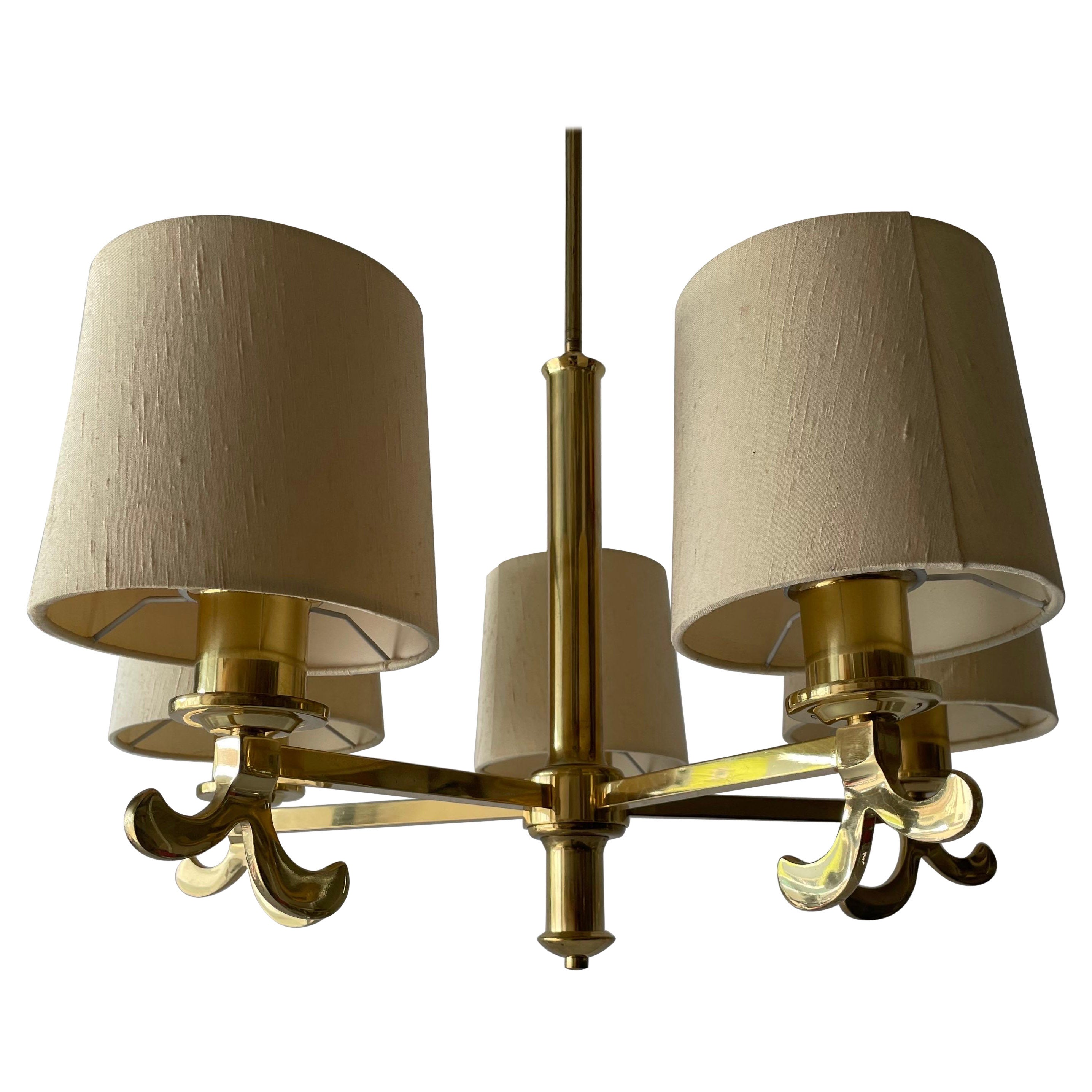  Brass & Fabric Shade 5-Arm Chandelier by Hans Möller, 1960s, Germany For Sale