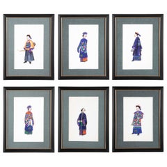 Set of Six 19th Century Chinese Export Gouache Portraits on Pith Paper