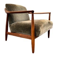 Vintage Walnut Mid-Century Modern Chair with Olive Green Velvet Upholstery 